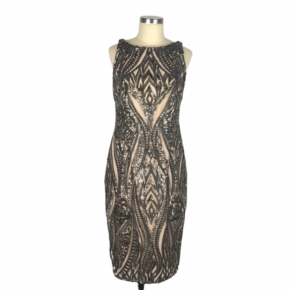 ADRIANNA PAPELL Black Tan Sequin Gatsby Midi Dress Flashy Party Size 8
